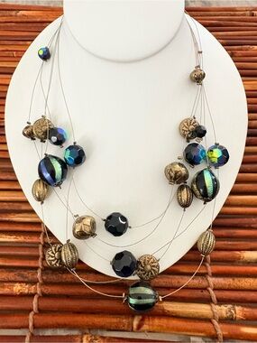Multi-Strand Black & Iridescent Green Bead Necklace Antiqued Gold Accent 18”-21”